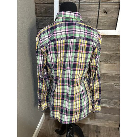 Tommy Hilfiger plaid button up long sleeve yellow teal pink blouse womens size L - Picture 4 of 8